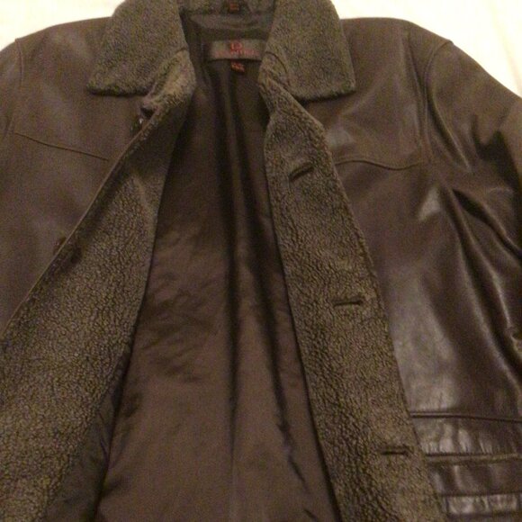 Men's Brown Leather Jacket Sherpa Colour and Trim Cart Coat Length 2XL - Picture 5 of 8